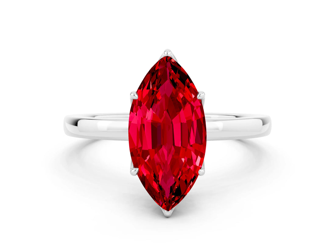 White gold Marquise Cut Ruby Solitaire Ring with Thin Band and Prong Setting_36