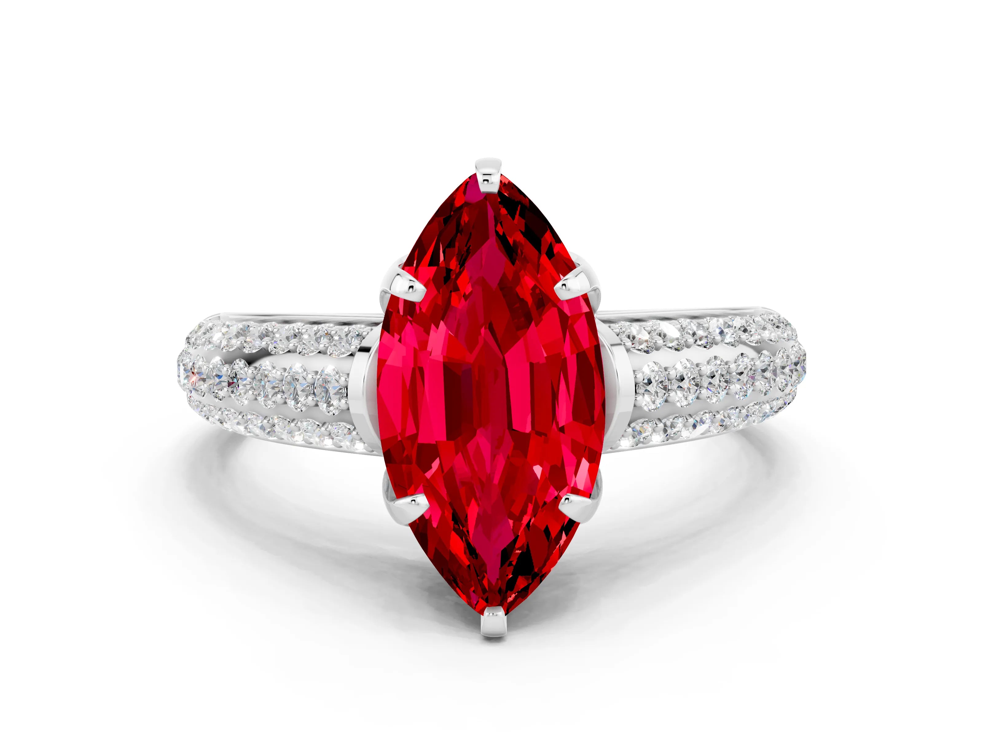 White gold Marquise Cut Ruby Solitaire Ring with Three-Row Pavé Band and Four-Prong Setting_12