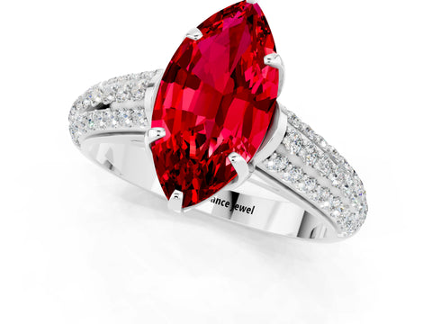 White gold Marquise Cut Ruby Solitaire Ring with Three-Row Pavé Band and Four-Prong Setting_13
