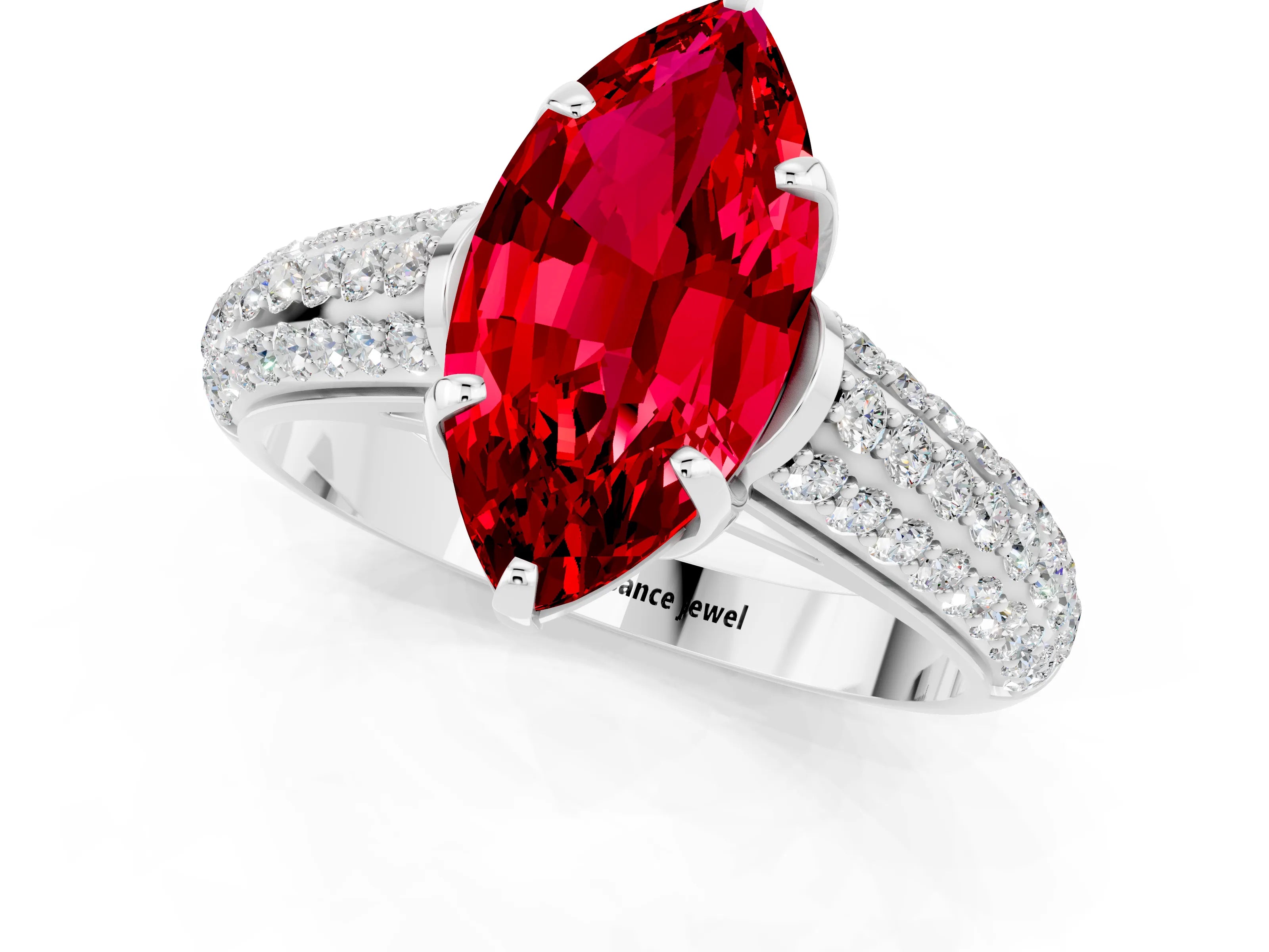 White gold Marquise Cut Ruby Solitaire Ring with Three-Row Pavé Band and Four-Prong Setting_13