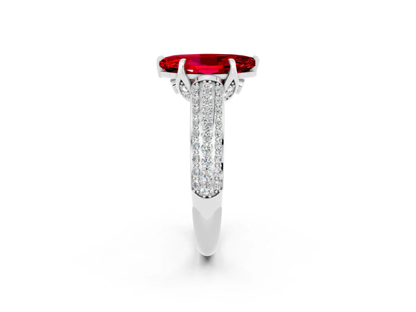 White gold Marquise Cut Ruby Solitaire Ring with Three-Row Pavé Band and Four-Prong Setting