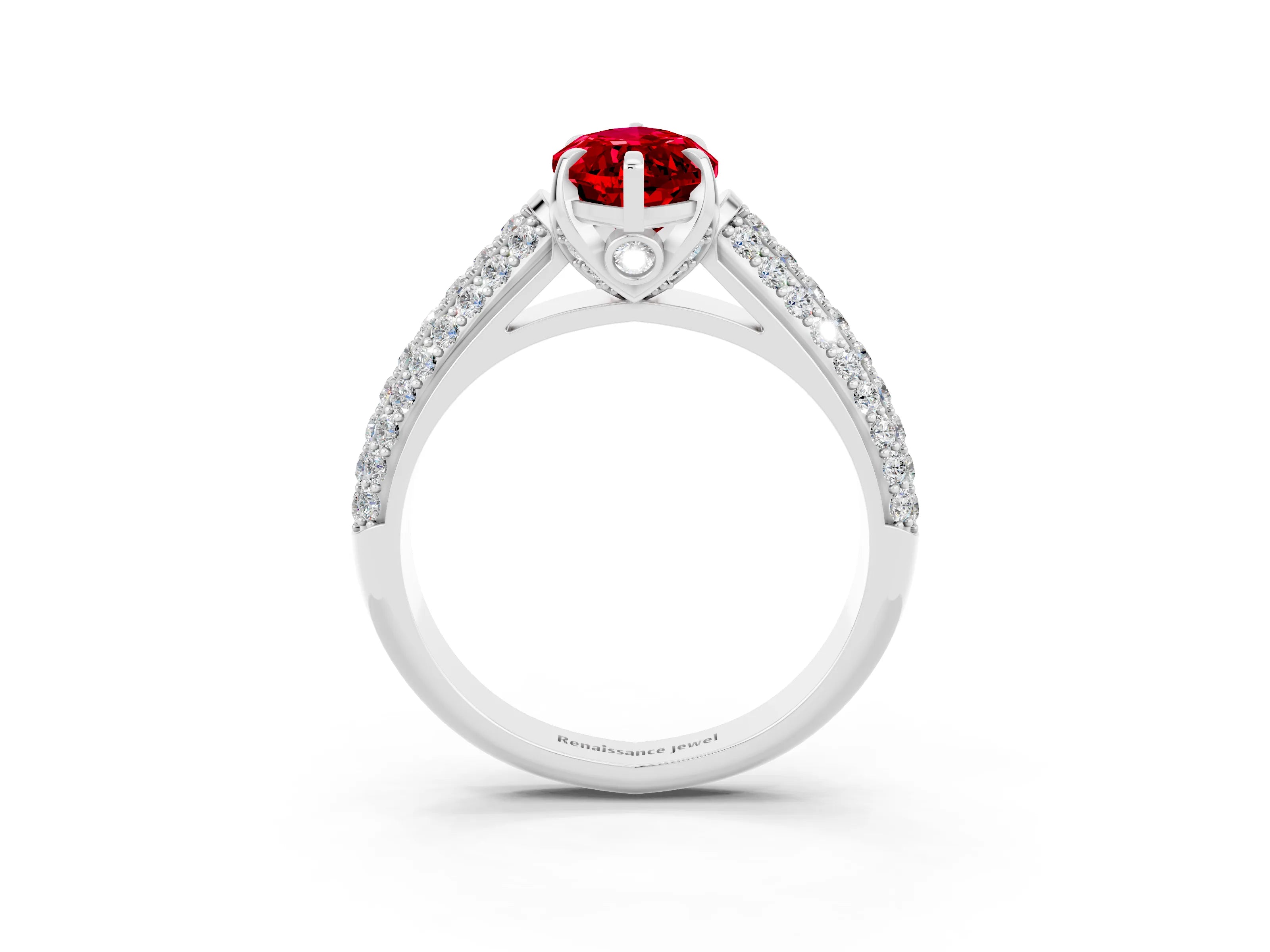 White gold Marquise Cut Ruby Solitaire Ring with Three-Row Pavé Band and Four-Prong Setting_15