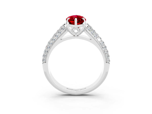 Silver Marquise Cut Ruby Solitaire Ring with Three-Row Pavé Band and Four-Prong Setting