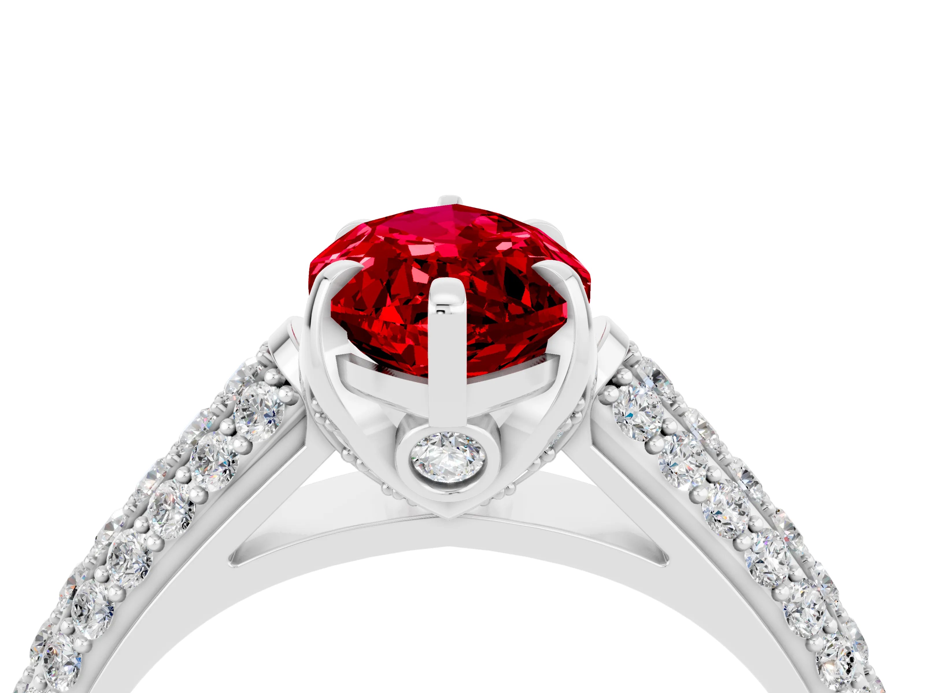 White gold Marquise Cut Ruby Solitaire Ring with Three-Row Pavé Band and Four-Prong Setting_16