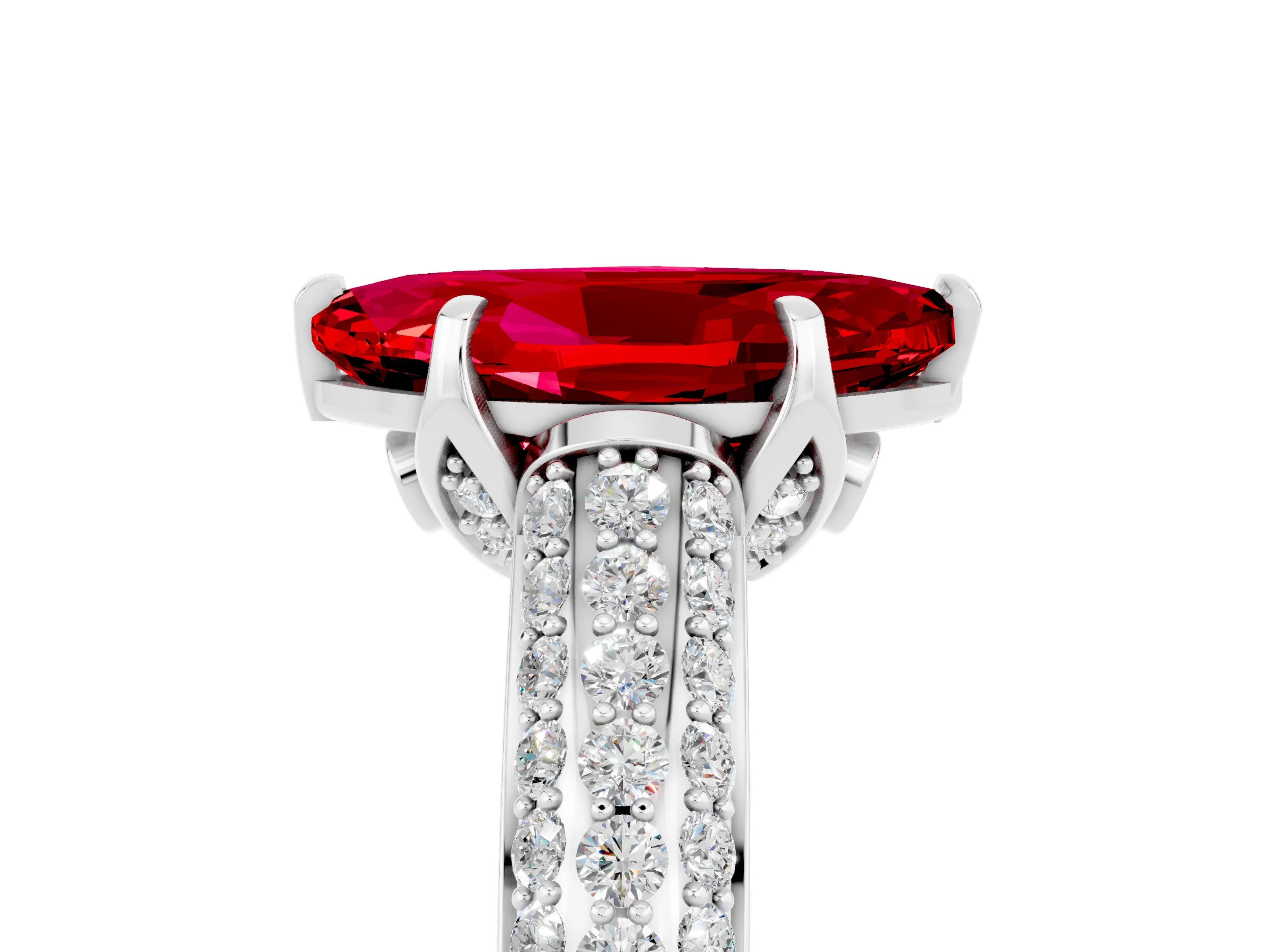 White gold Marquise Cut Ruby Solitaire Ring with Three-Row Pavé Band and Four-Prong Setting_17