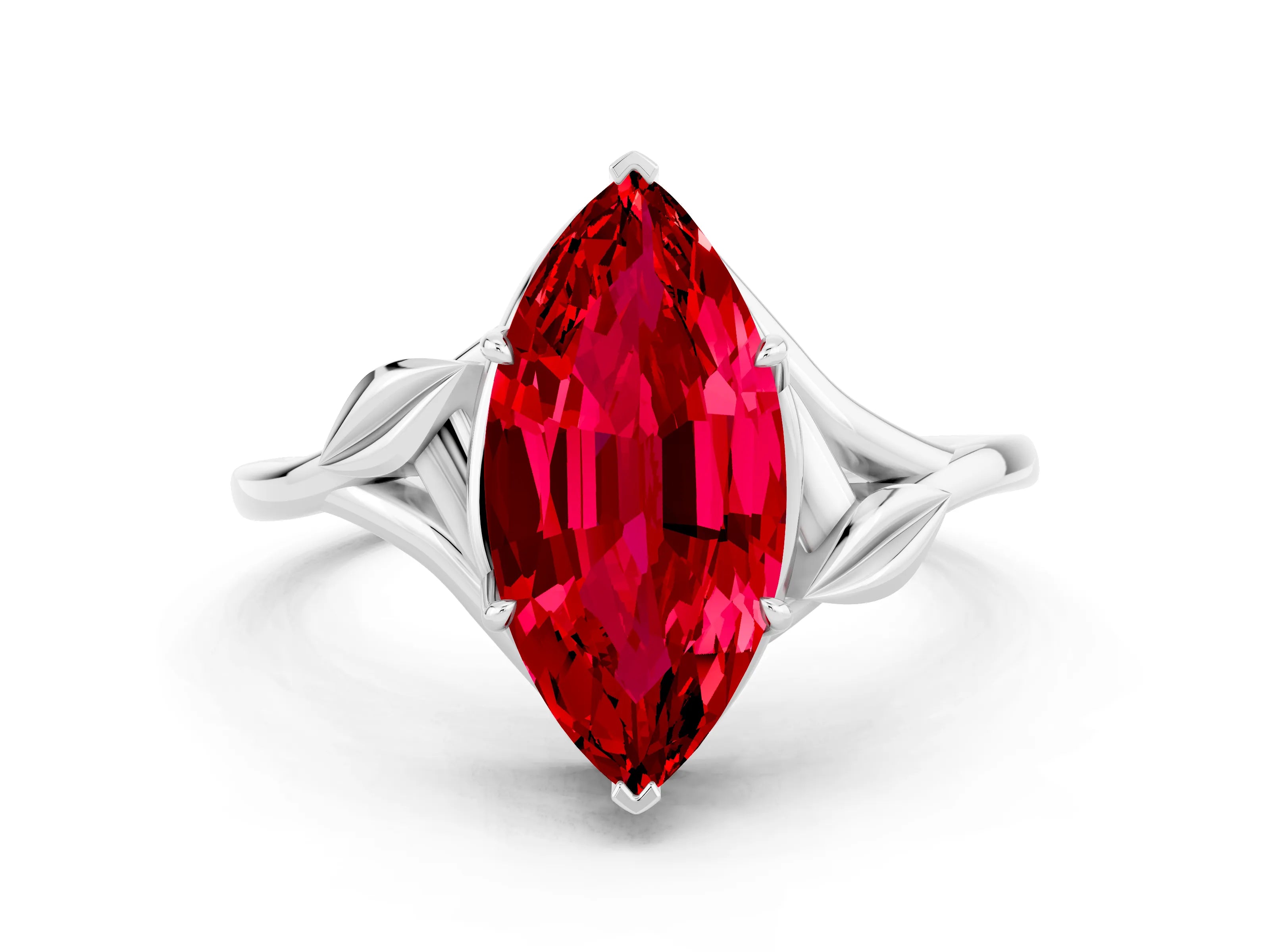 White gold Marquise Cut Ruby Solitaire Ring with Twist Band and Four-Prong Setting_12