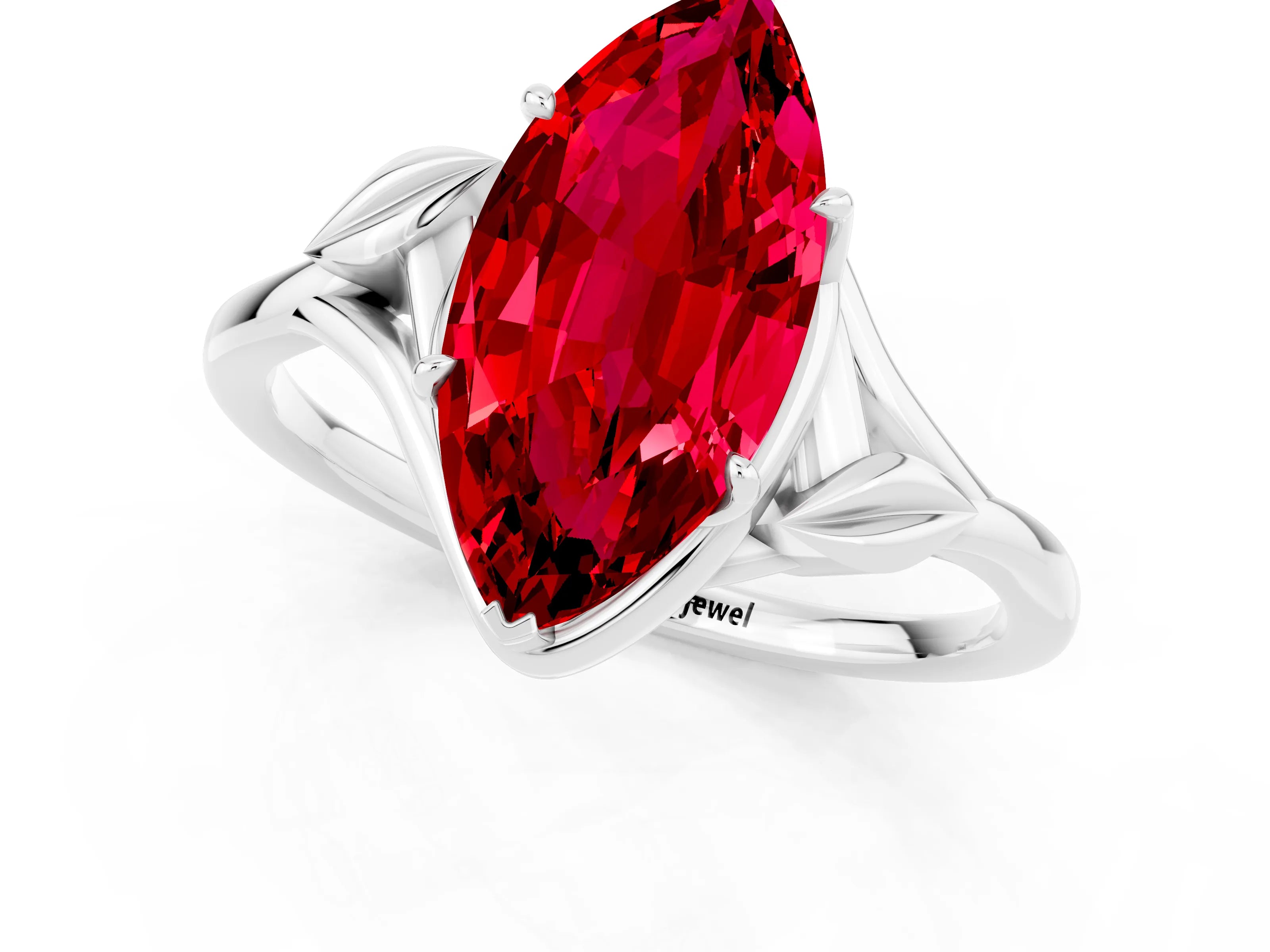 White gold Marquise Cut Ruby Solitaire Ring with Twist Band and Four-Prong Setting_13
