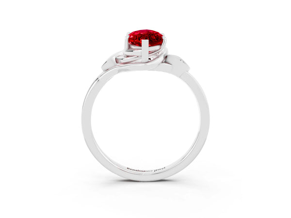 White gold Marquise Cut Ruby Solitaire Ring with Twist Band and Four-Prong Setting