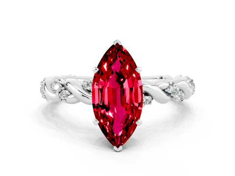 White gold Marquise Cut Ruby Solitaire Ring with Twisted Band and Pavé Accents