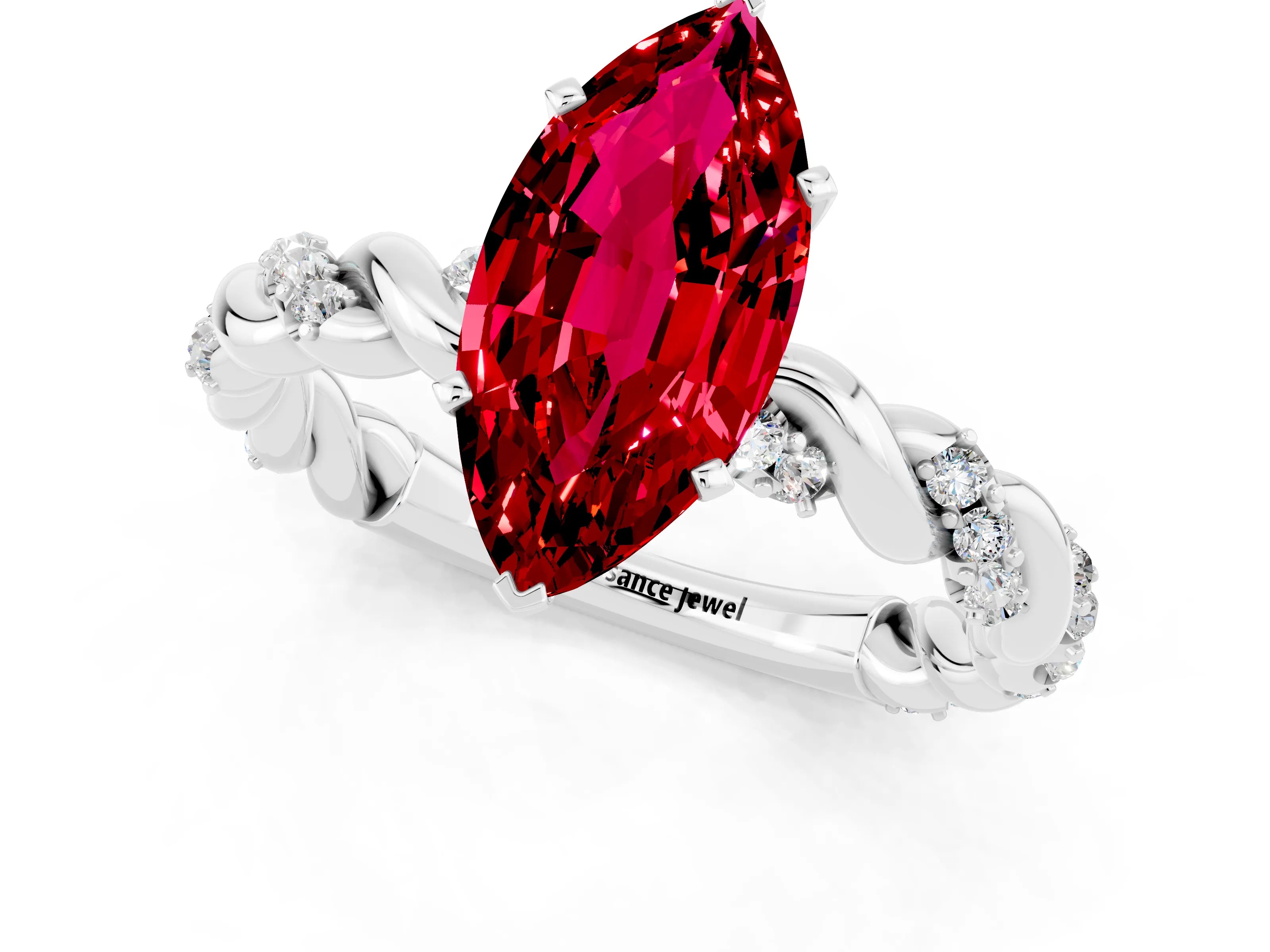 White gold Marquise Cut Ruby Solitaire Ring with Twisted Band and Pavé Accents_1