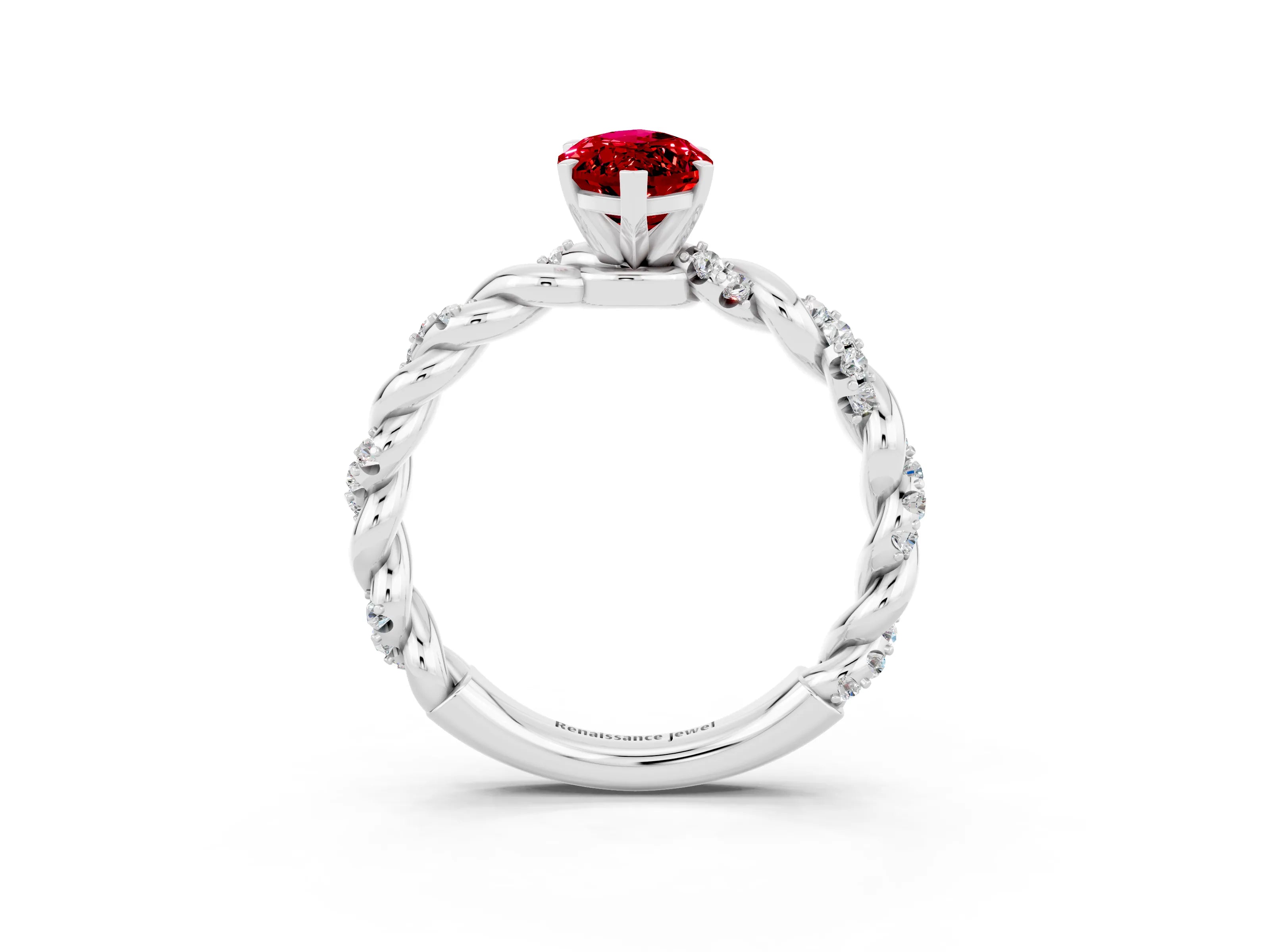 White gold Marquise Cut Ruby Solitaire Ring with Twisted Band and Pavé Accents_3