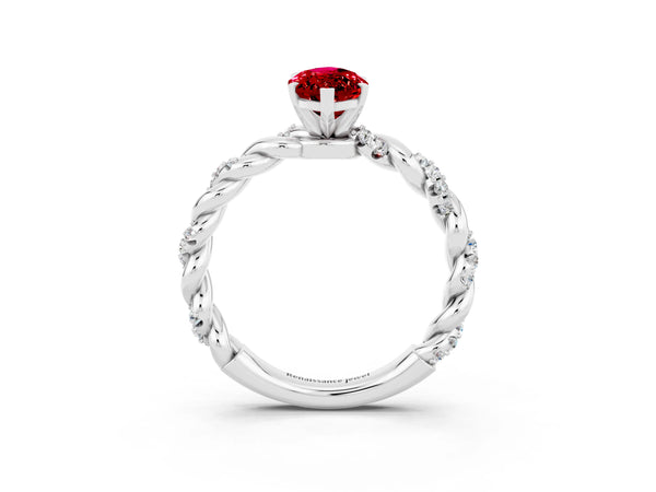 White gold Marquise Cut Ruby Solitaire Ring with Twisted Band and Pavé Accents