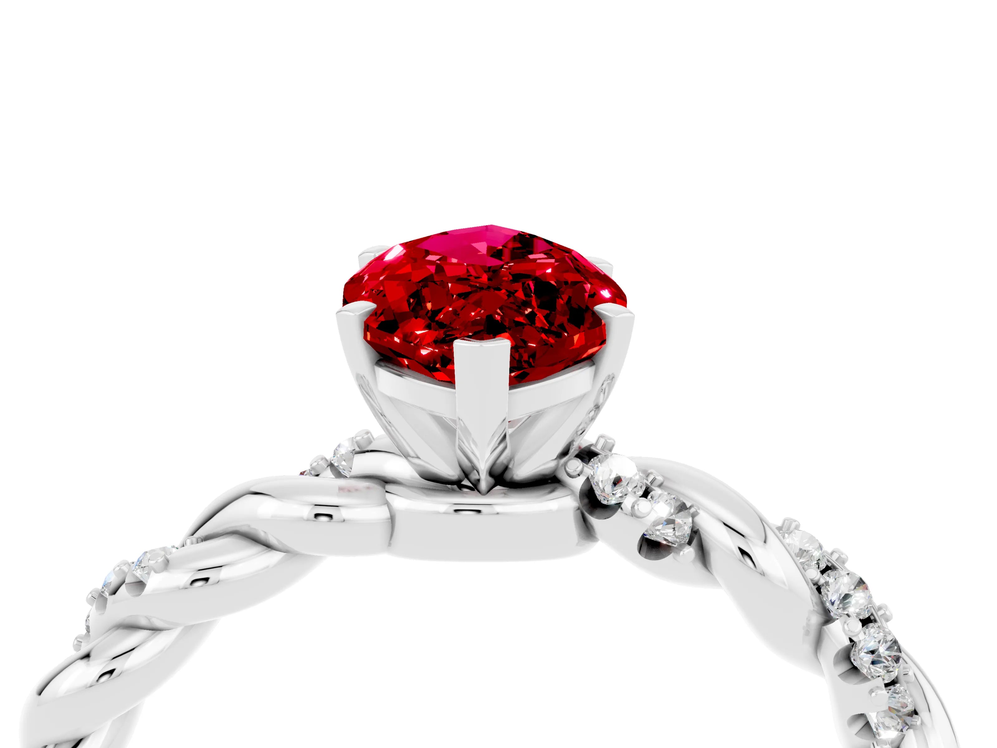 White gold Marquise Cut Ruby Solitaire Ring with Twisted Band and Pavé Accents_4