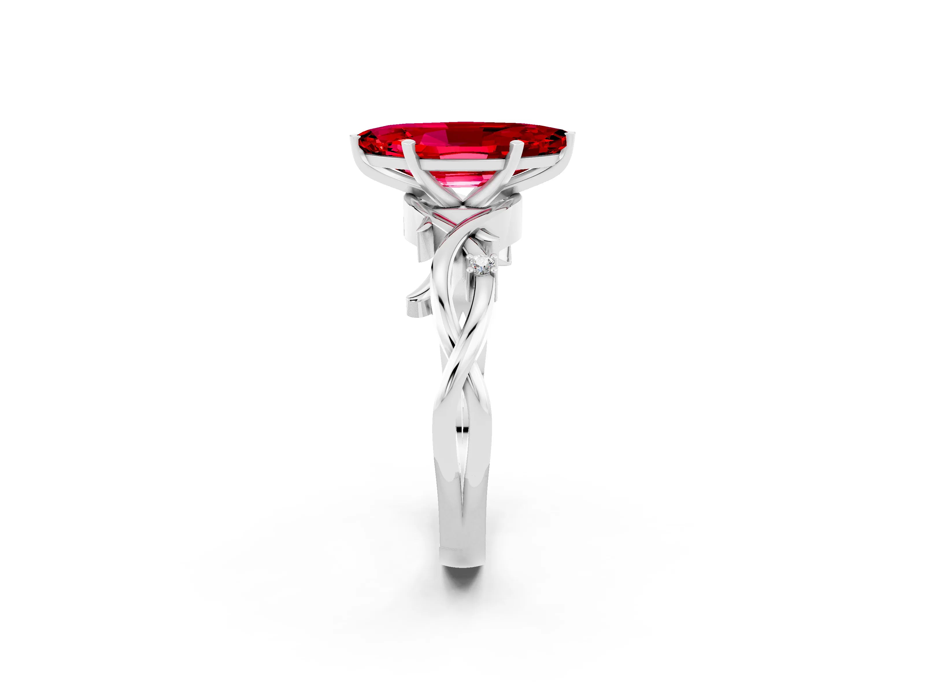 White gold Marquise Cut Ruby Solitaire Ring with Twisted Band and Prong Setting_14