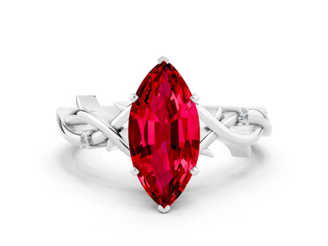 White gold Marquise Cut Ruby Solitaire Ring with Twisted Band and Prong Setting