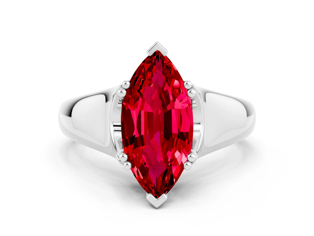 White gold Marquise Cut Ruby Solitaire Ring with Wide Band and Prong Setting