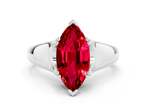 White gold Marquise Cut Ruby Solitaire Ring with Wide Band and Prong Setting