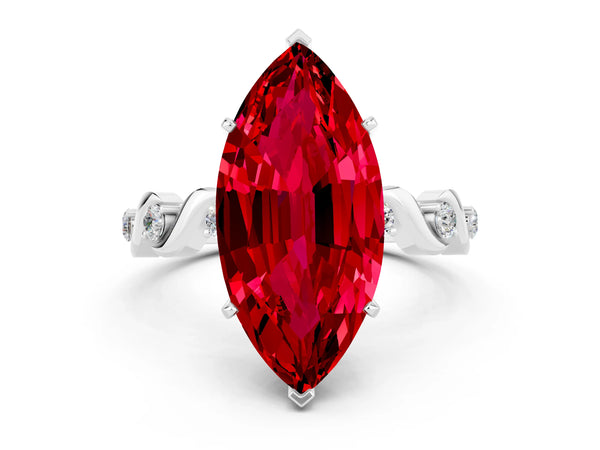 Platinum Marquise Cut Ruby Solitaire Twisted Band with Round  Accents and Prong Setting