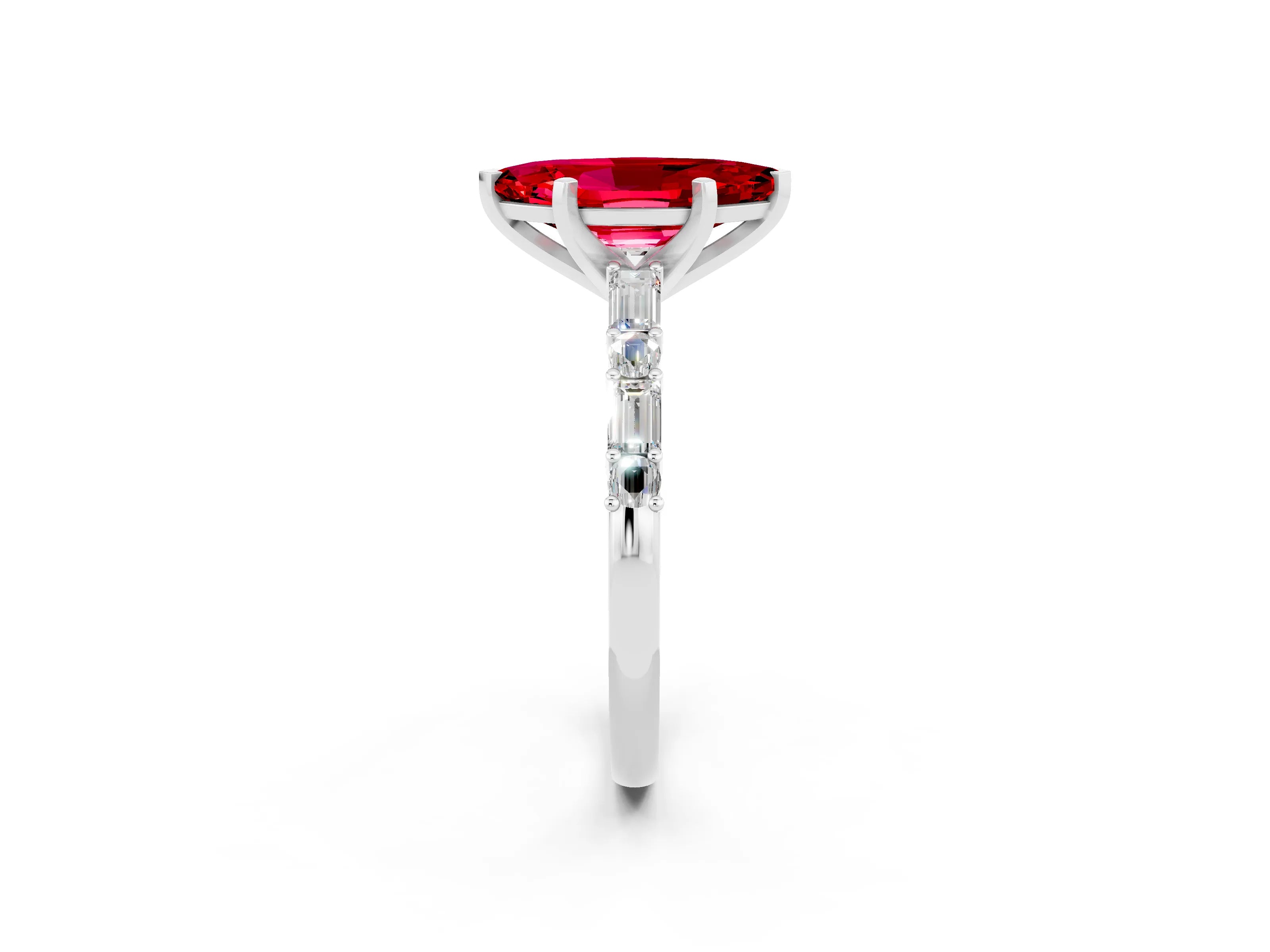 White gold Marquise Cut Ruby Solitaire with Side Baguettes and Channel Set Band_2