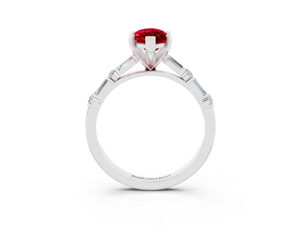 White gold Marquise Cut Ruby Solitaire with Side Baguettes and Channel Set Band