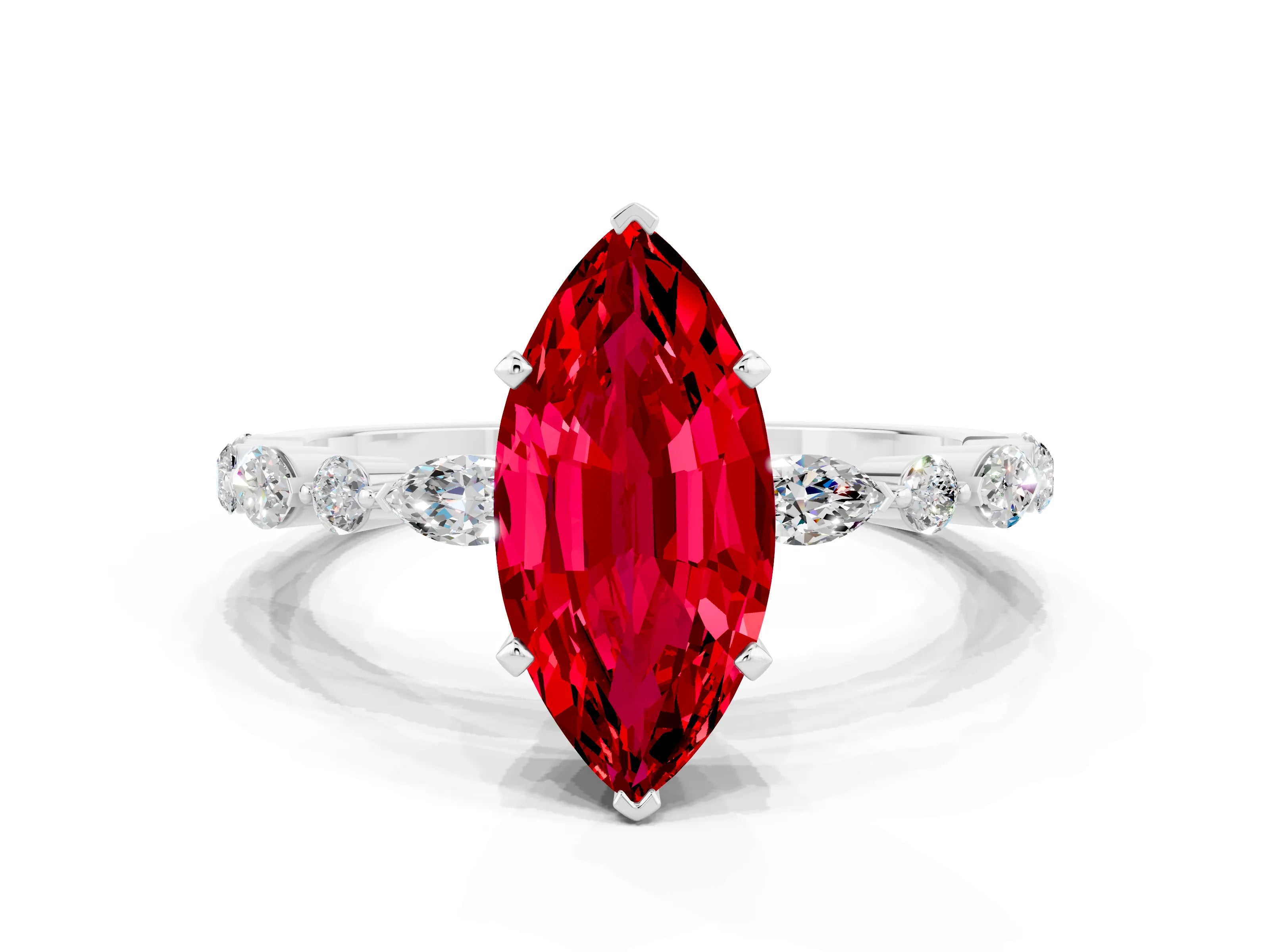 White gold Marquise Cut Ruby Solitaire with Side Stones on a Pavé Band and Four-Prong Setting