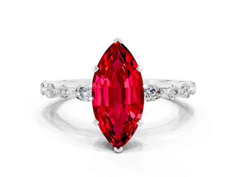White gold Marquise Cut Ruby Solitaire with Side Stones on a Pavé Band and Four-Prong Setting