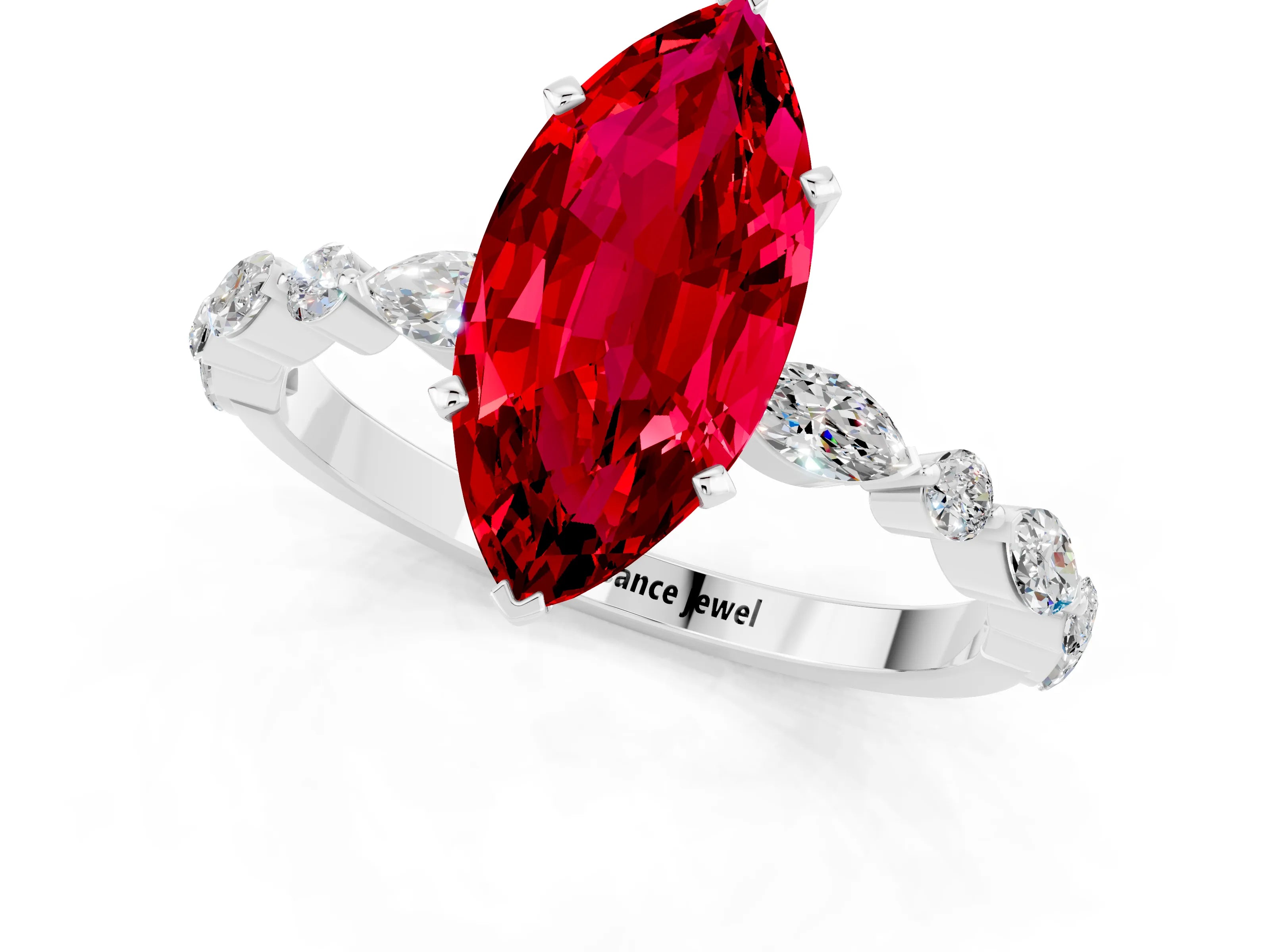 White gold Marquise Cut Ruby Solitaire with Side Stones on a Pavé Band and Four-Prong Setting_1