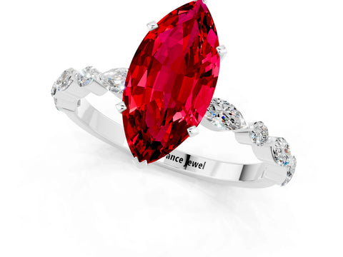 White gold Marquise Cut Ruby Solitaire with Side Stones on a Pavé Band and Four-Prong Setting_1