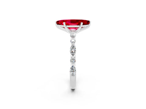 White gold Marquise Cut Ruby Solitaire with Side Stones on a Pavé Band and Four-Prong Setting_2