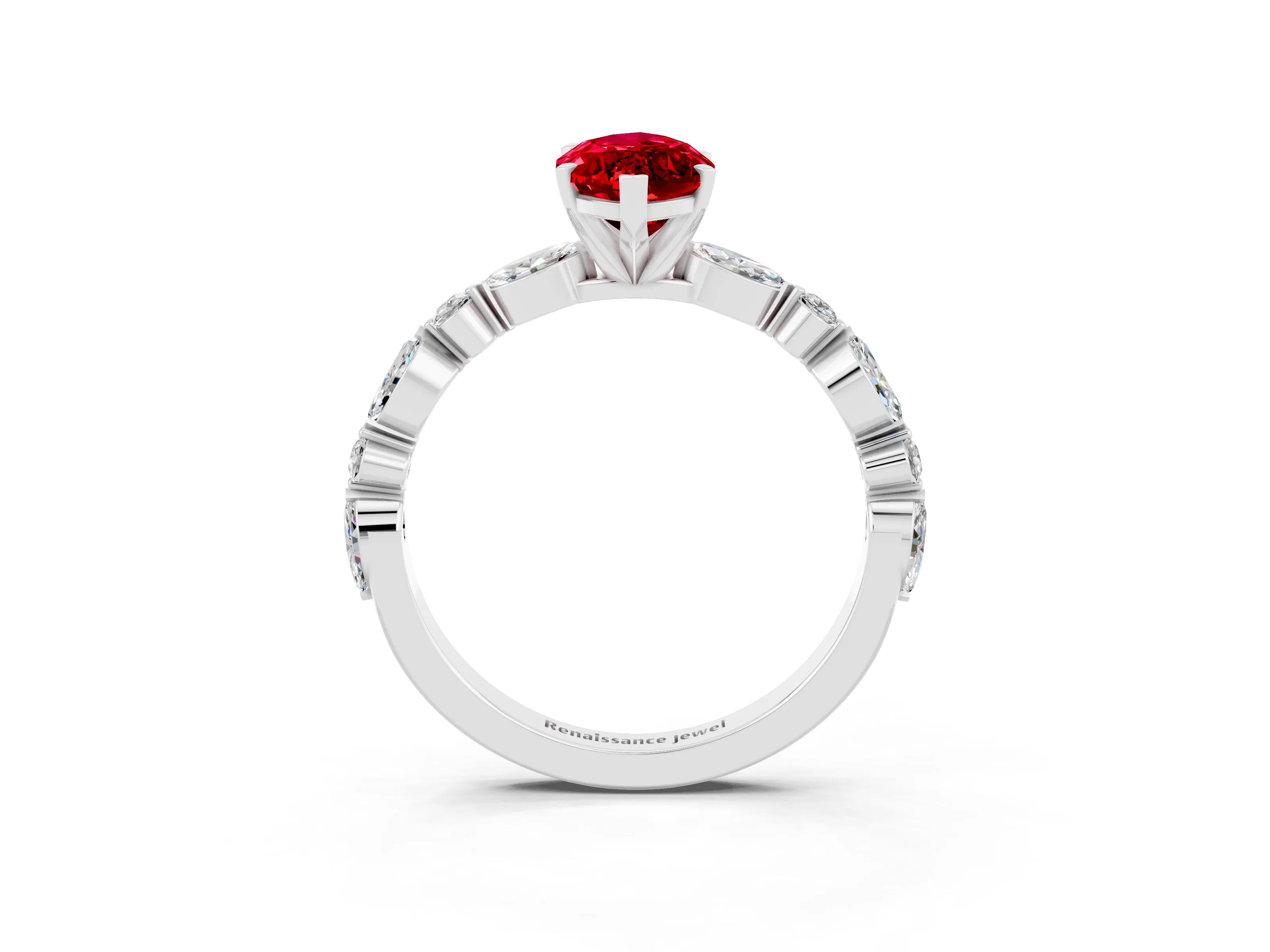 White gold Marquise Cut Ruby Solitaire with Side Stones on a Pavé Band and Four-Prong Setting_3