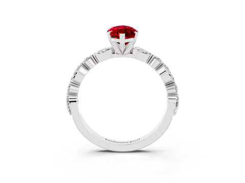 White gold Marquise Cut Ruby Solitaire with Side Stones on a Pavé Band and Four-Prong Setting_3