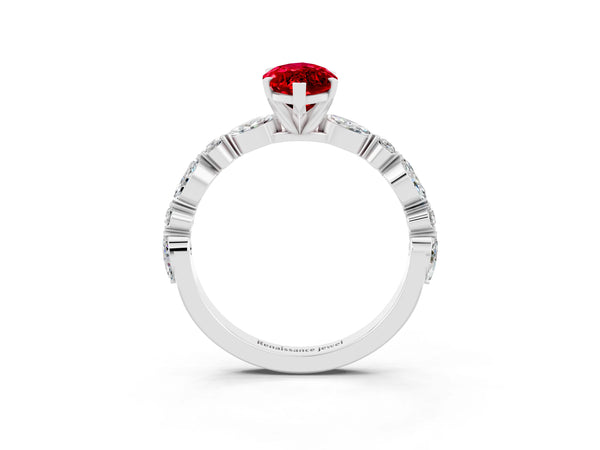 Silver Marquise Cut Ruby Ring with Marquise and Round  Side Stones and Four-Prong Setting