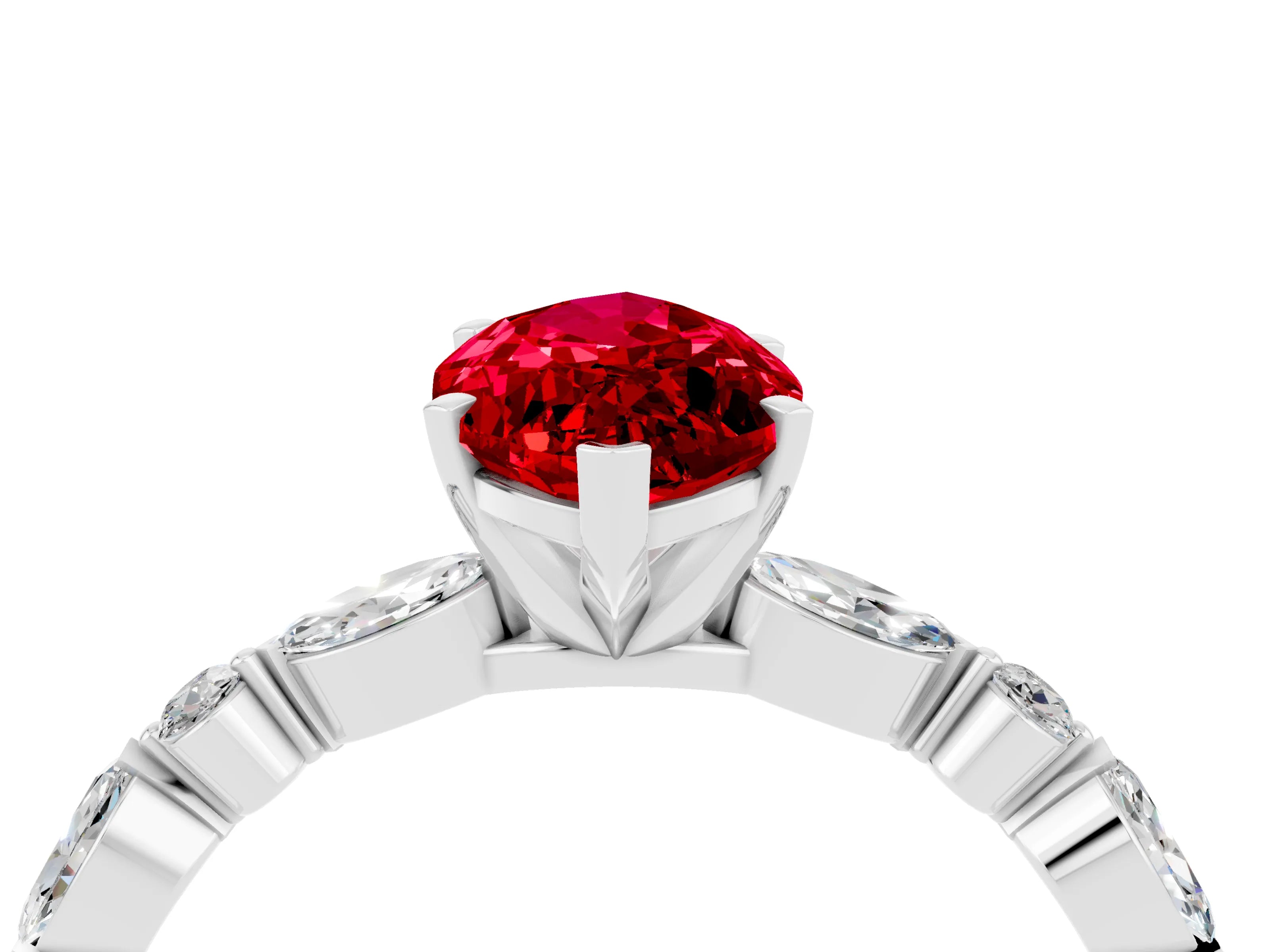 White gold Marquise Cut Ruby Solitaire with Side Stones on a Pavé Band and Four-Prong Setting_4