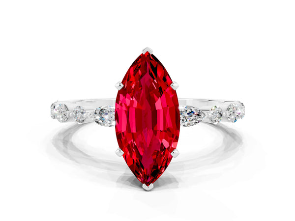Silver Marquise Cut Ruby Ring with Marquise and Round  Side Stones and Four-Prong Setting