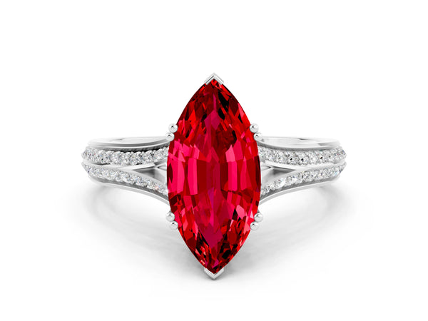White gold Marquise Cut Ruby Split Shank Engagement Ring with Pavé Band