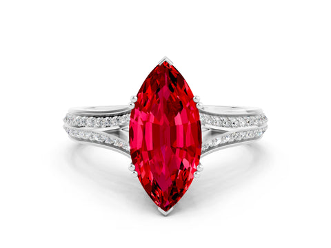 White gold Marquise Cut Ruby Split Shank Engagement Ring with Pavé Band