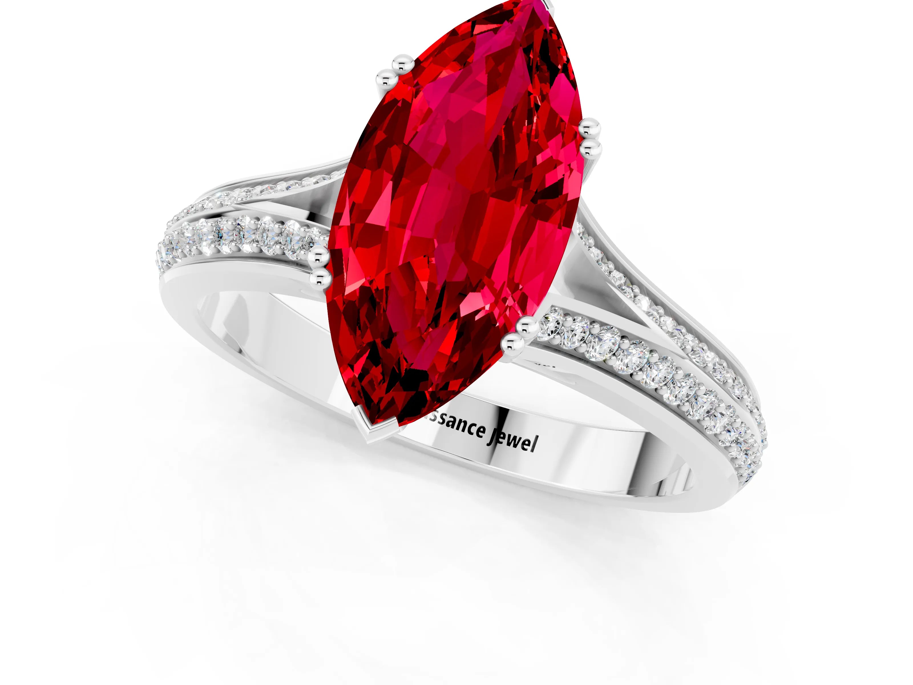 White gold Marquise Cut Ruby Split Shank Engagement Ring with Pavé Band_1