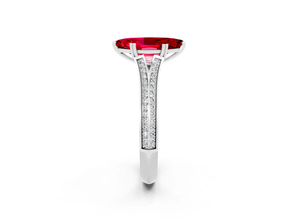 White gold Marquise Cut Ruby Split Shank Engagement Ring with Pavé Band