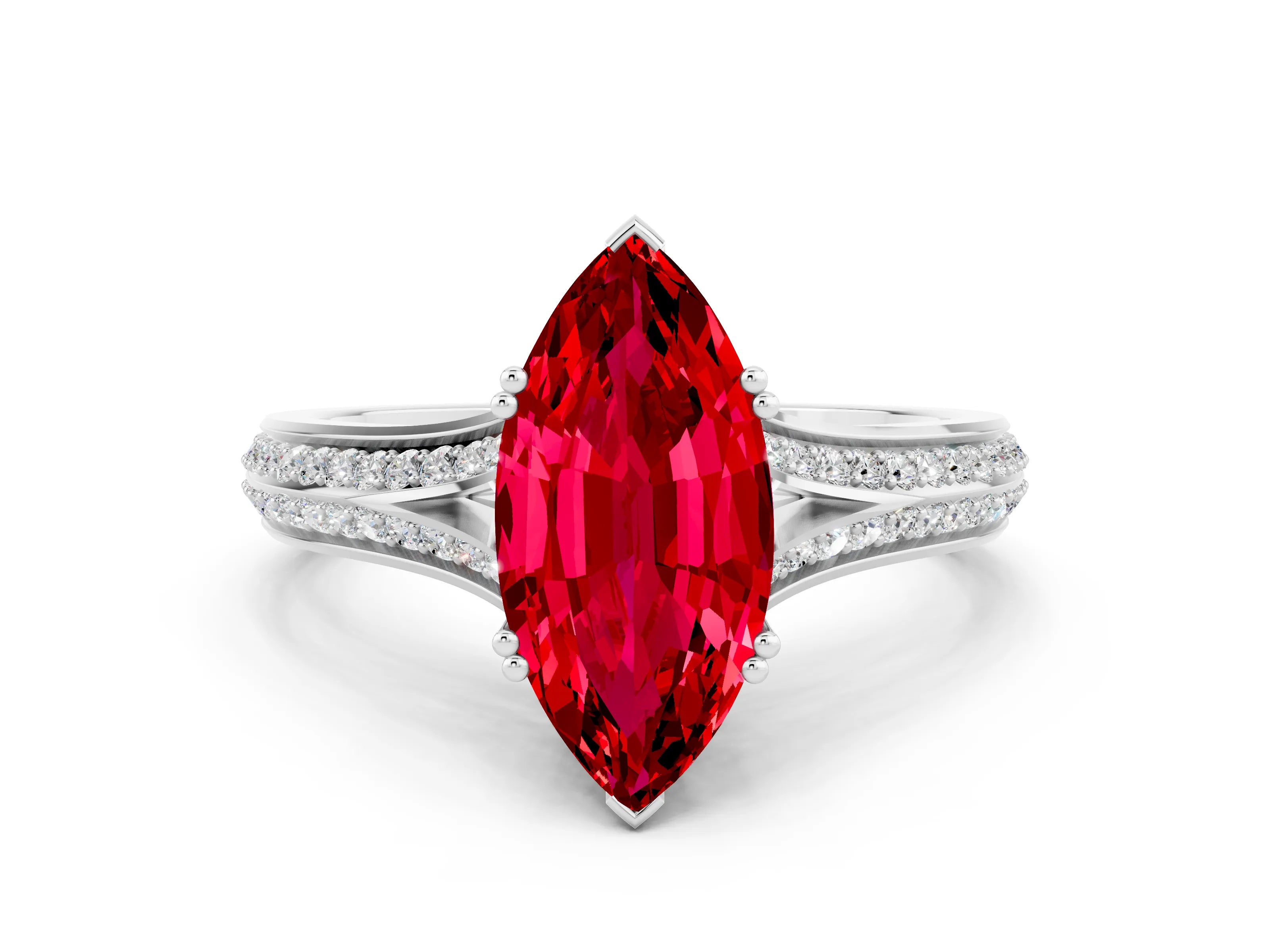 White gold Marquise Cut Ruby Split Shank Engagement Ring with Pavé Band