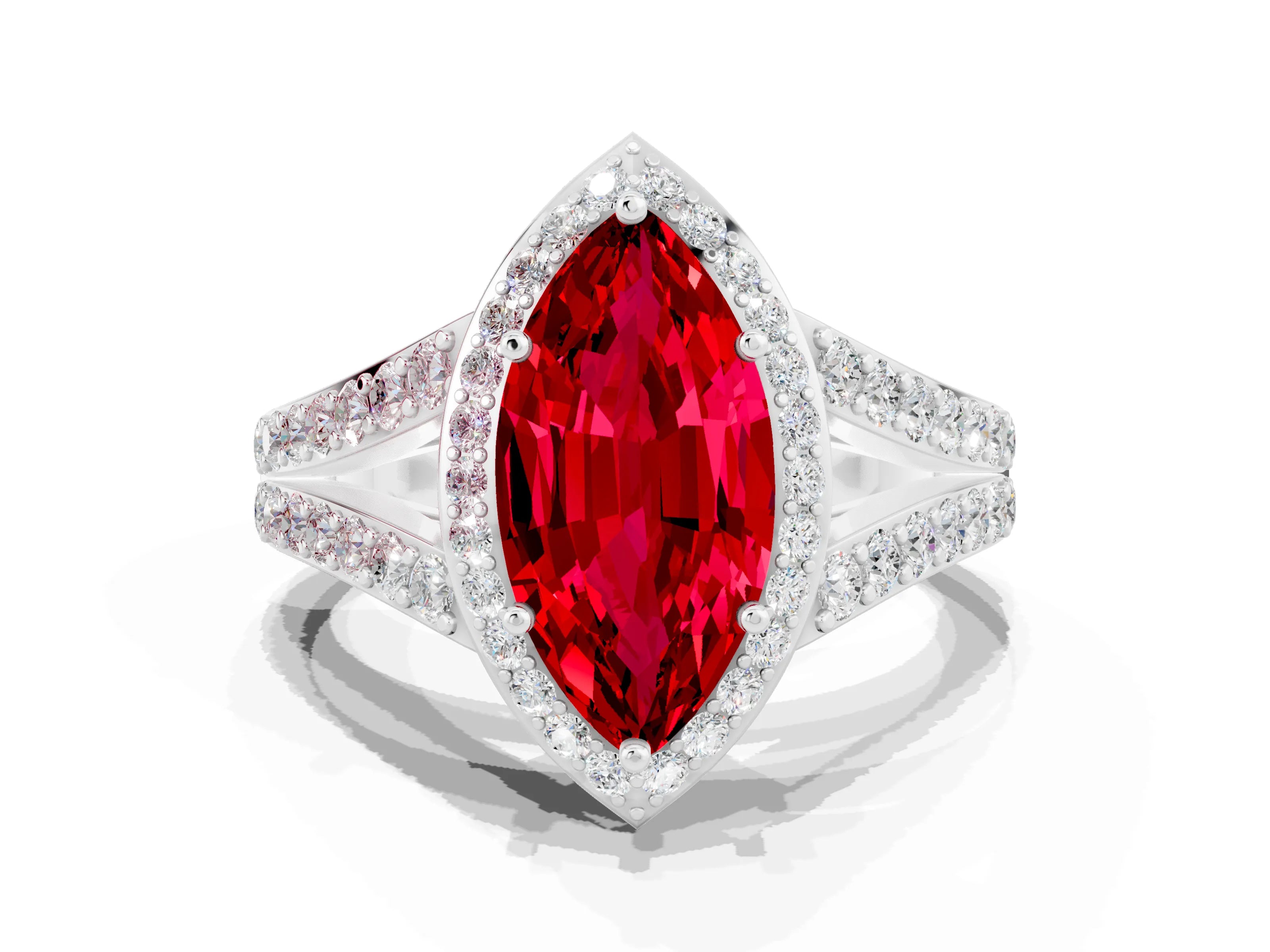 White gold Marquise Cut Ruby Split Shank Halo Ring with Four-Prong Setting_12