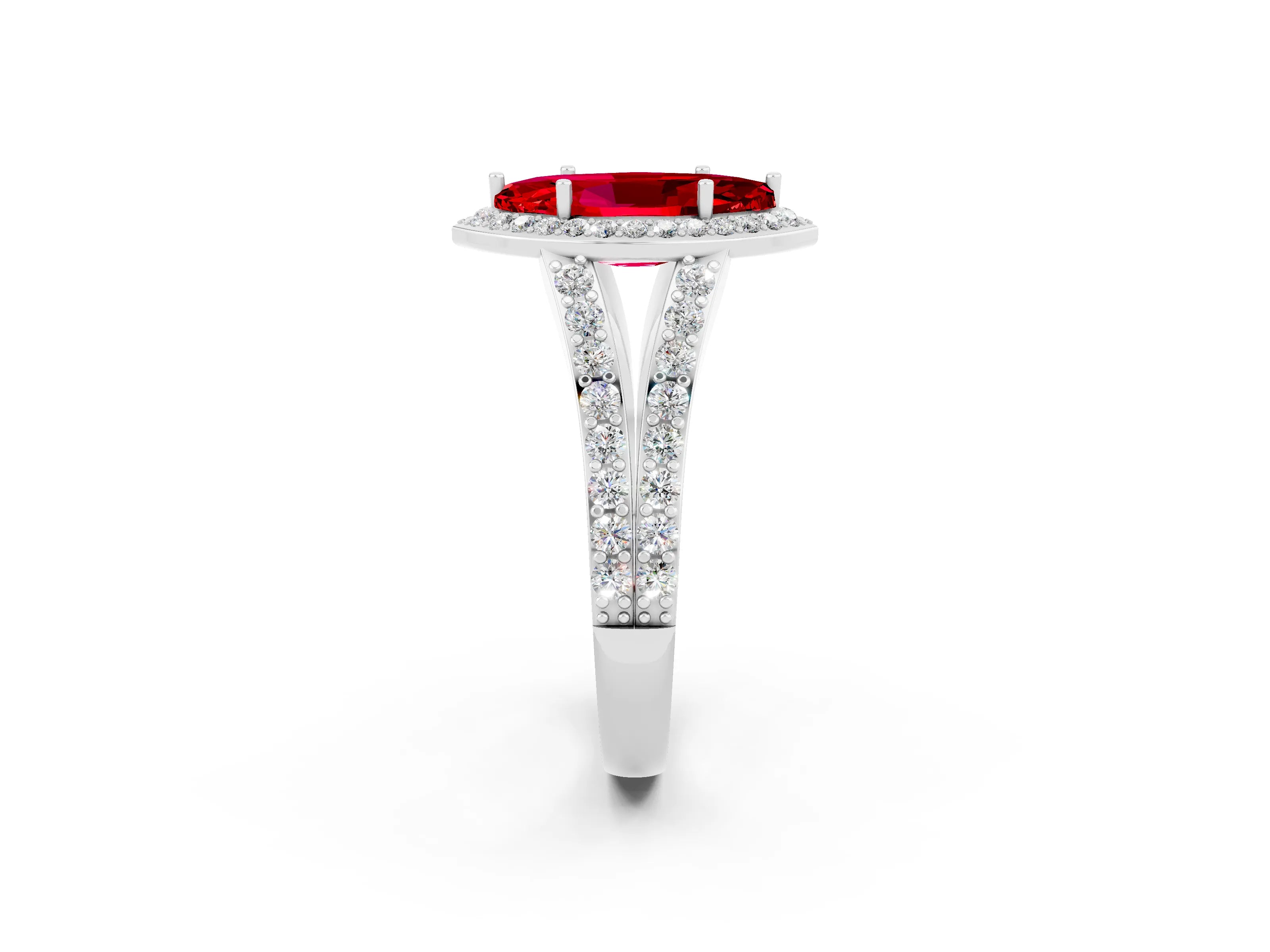 White gold Marquise Cut Ruby Split Shank Halo Ring with Four-Prong Setting_14