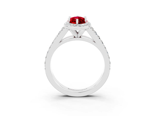 Platinum Marquise Cut Ruby Split Shank Halo Ring with Four-Prong Setting