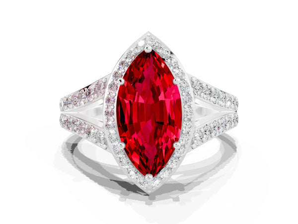 White gold Marquise Cut Ruby Split Shank Halo Ring with Four-Prong Setting