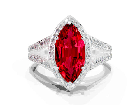 White gold Marquise Cut Ruby Split Shank Halo Ring with Four-Prong Setting_24