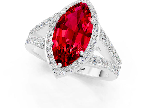White gold Marquise Cut Ruby Split Shank Halo Ring with Four-Prong Setting