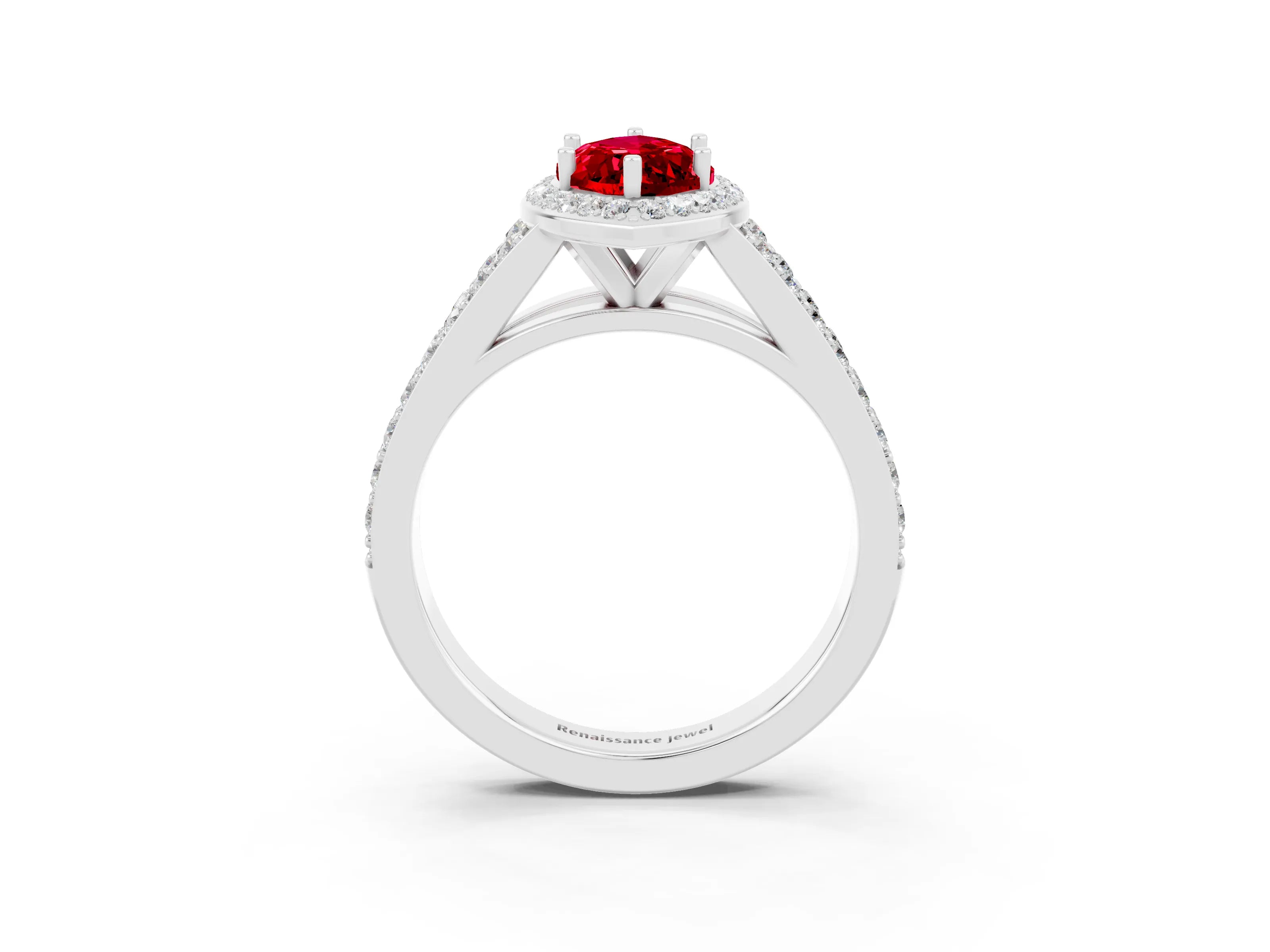 White gold Marquise Cut Ruby Split Shank Halo Ring with Four-Prong Setting_27