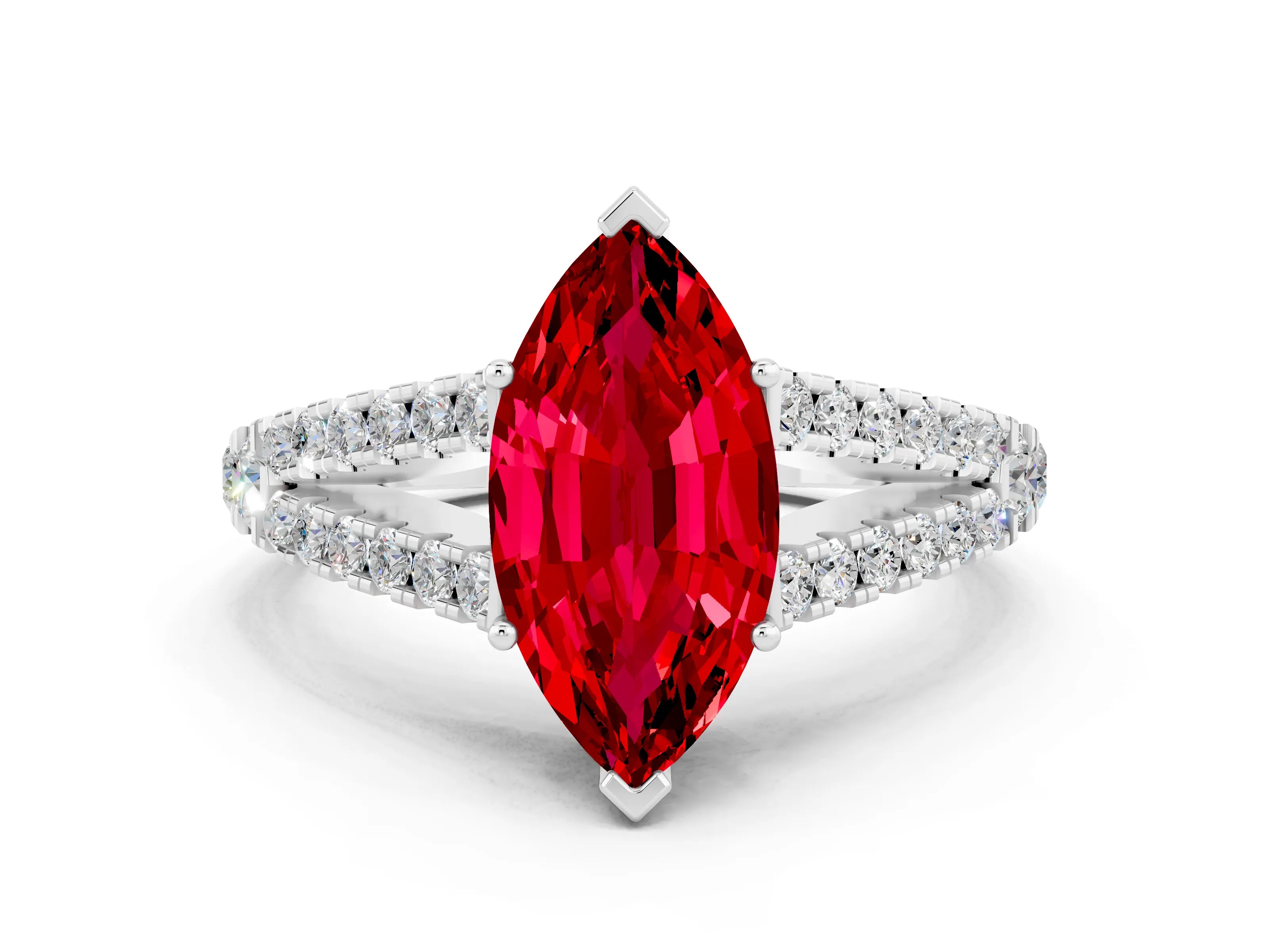 White gold Marquise Cut Ruby Split Shank Pavé Engagement Ring with Four-Prong Setting_12
