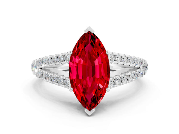 Platinum Marquise Cut Ruby Split Shank Pavé Engagement Ring with Four-Prong Setting