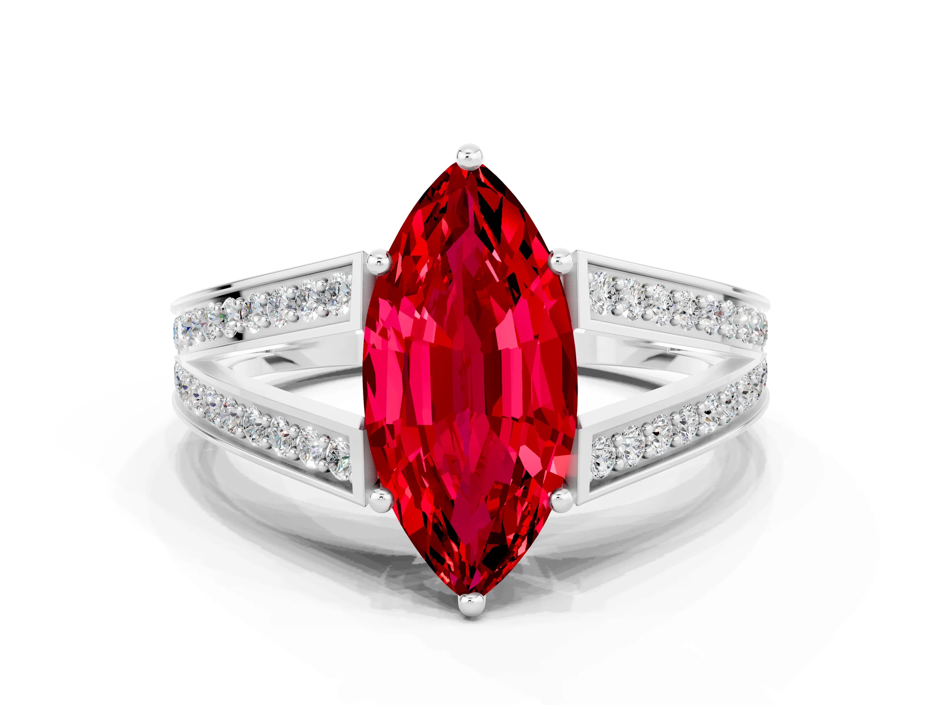 White gold Marquise Cut Ruby Split Shank Ring with Pavé Band and Four-Prong Setting