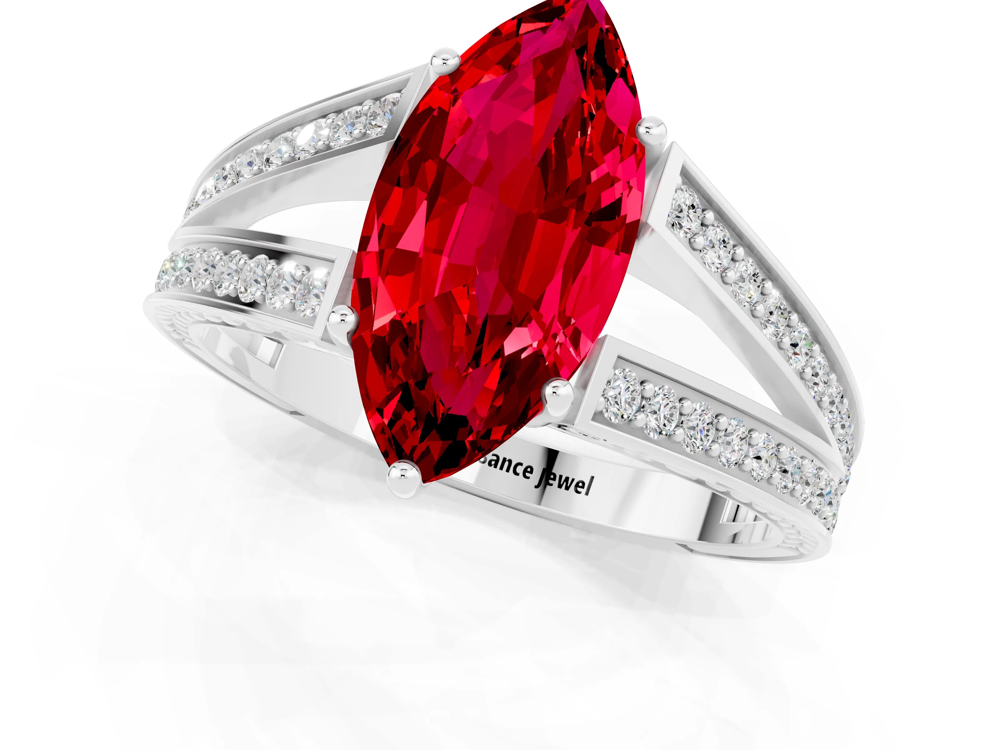 White gold Marquise Cut Ruby Split Shank Ring with Pavé Band and Four-Prong Setting_1